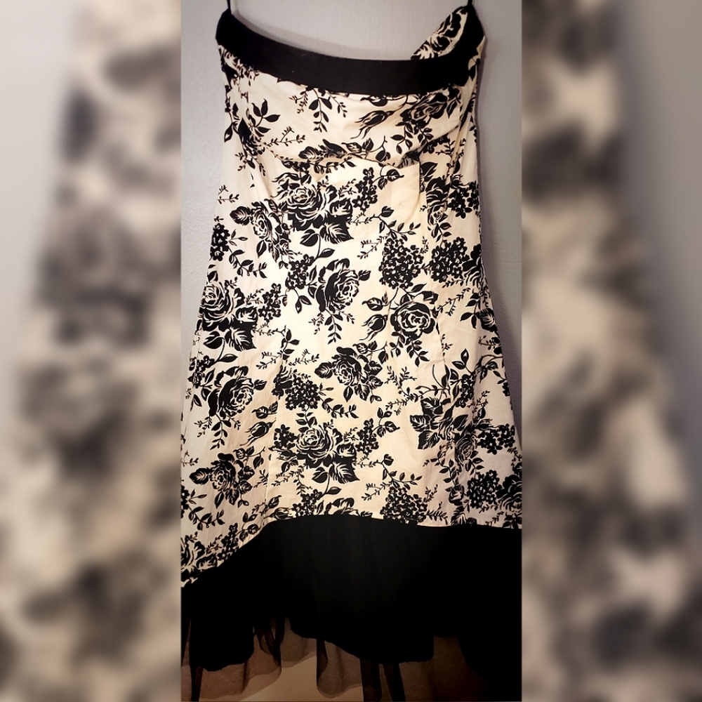 Strapless dress cream colored with black flowers